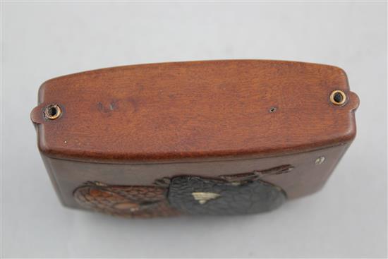 A Japanese cherrywood, ivory, horn, mother of pearl and wood inlaid single case inro, 19th century, 9cm.